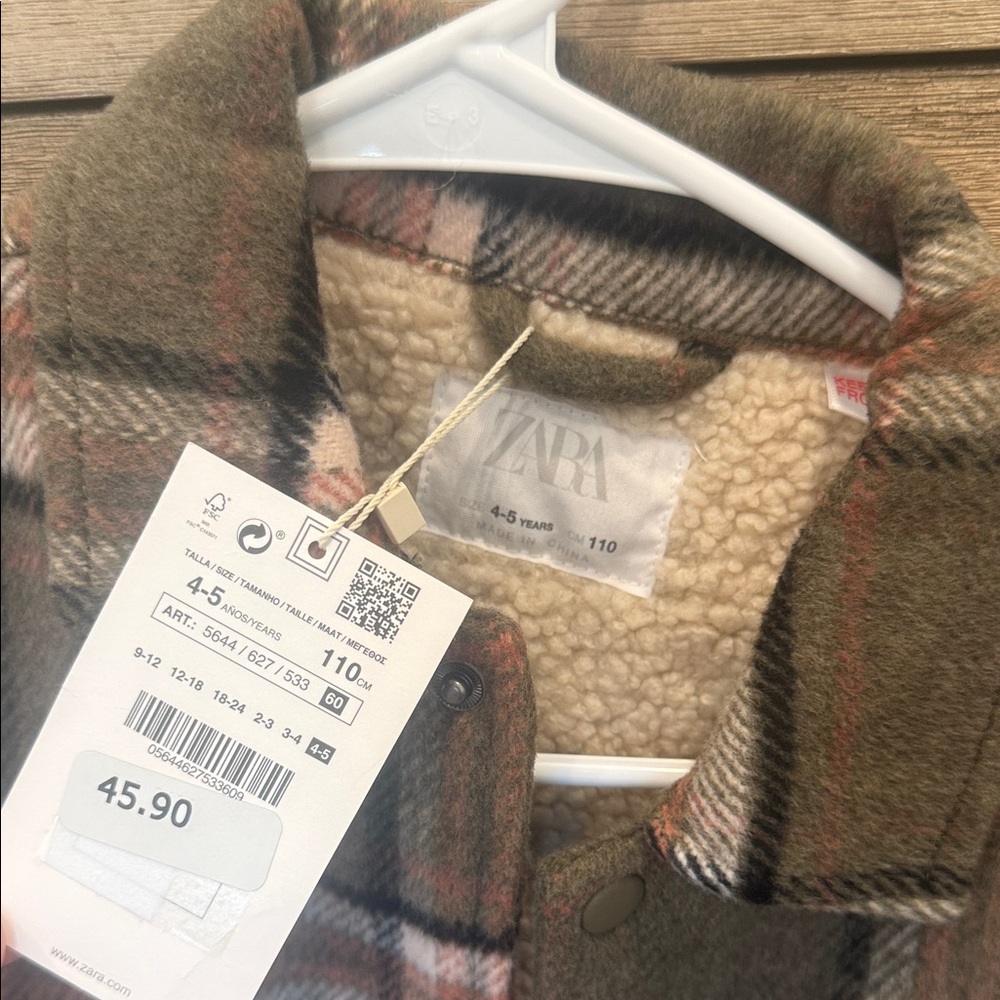 Zara Kids Olive Plaid Pea Coat with Cream Sherpa